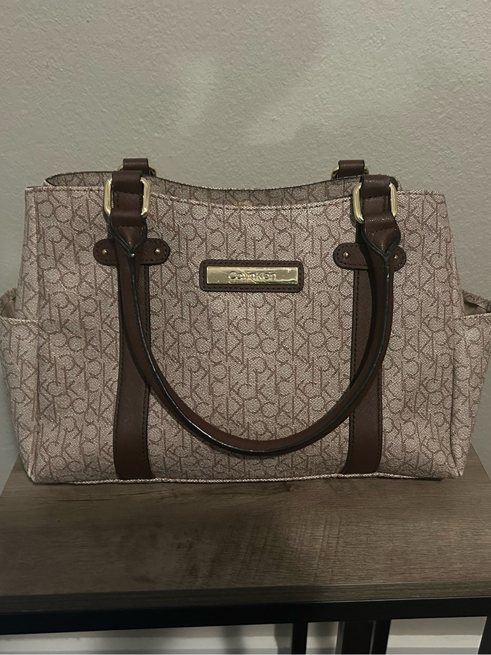 Calvin Klein Taupe Monogram Shoulder Bag with Brown Trim